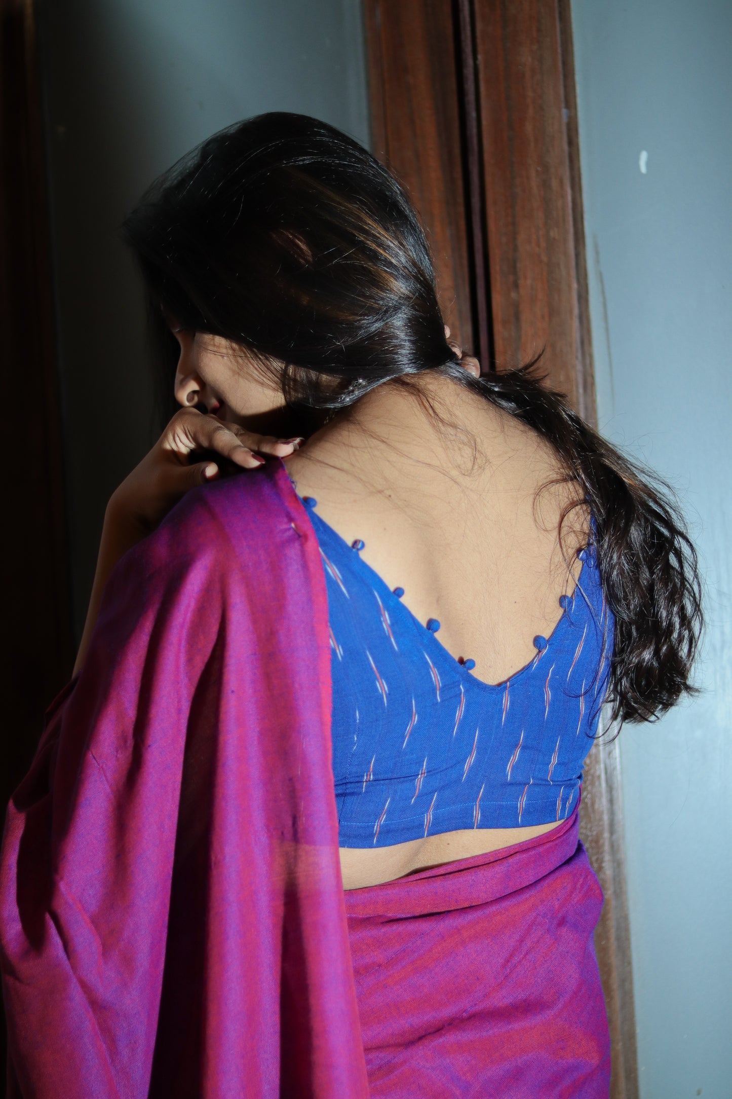 Blue ikat cotton sleeveless ready made blouse