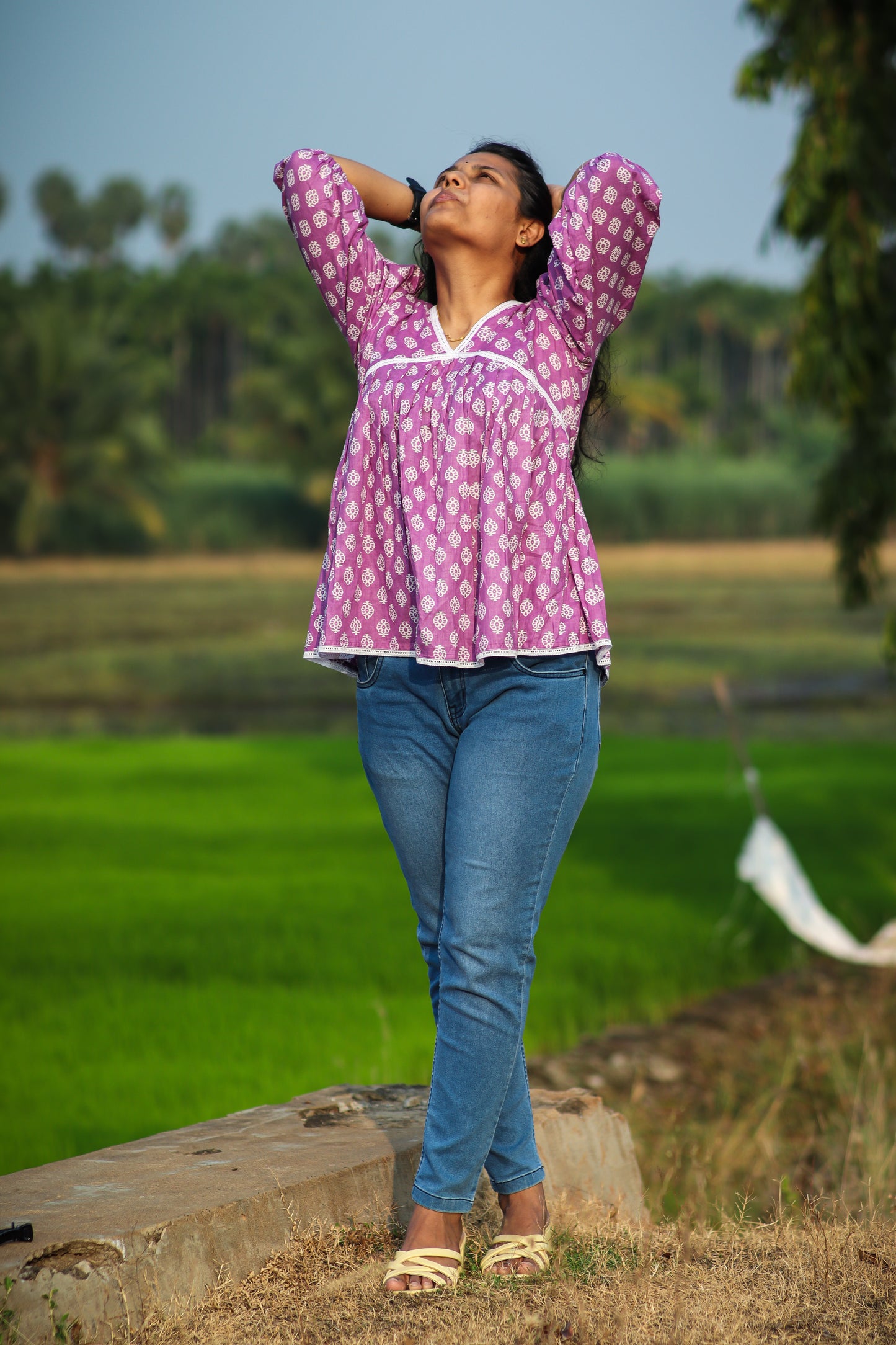 Purple floral cotton women tops