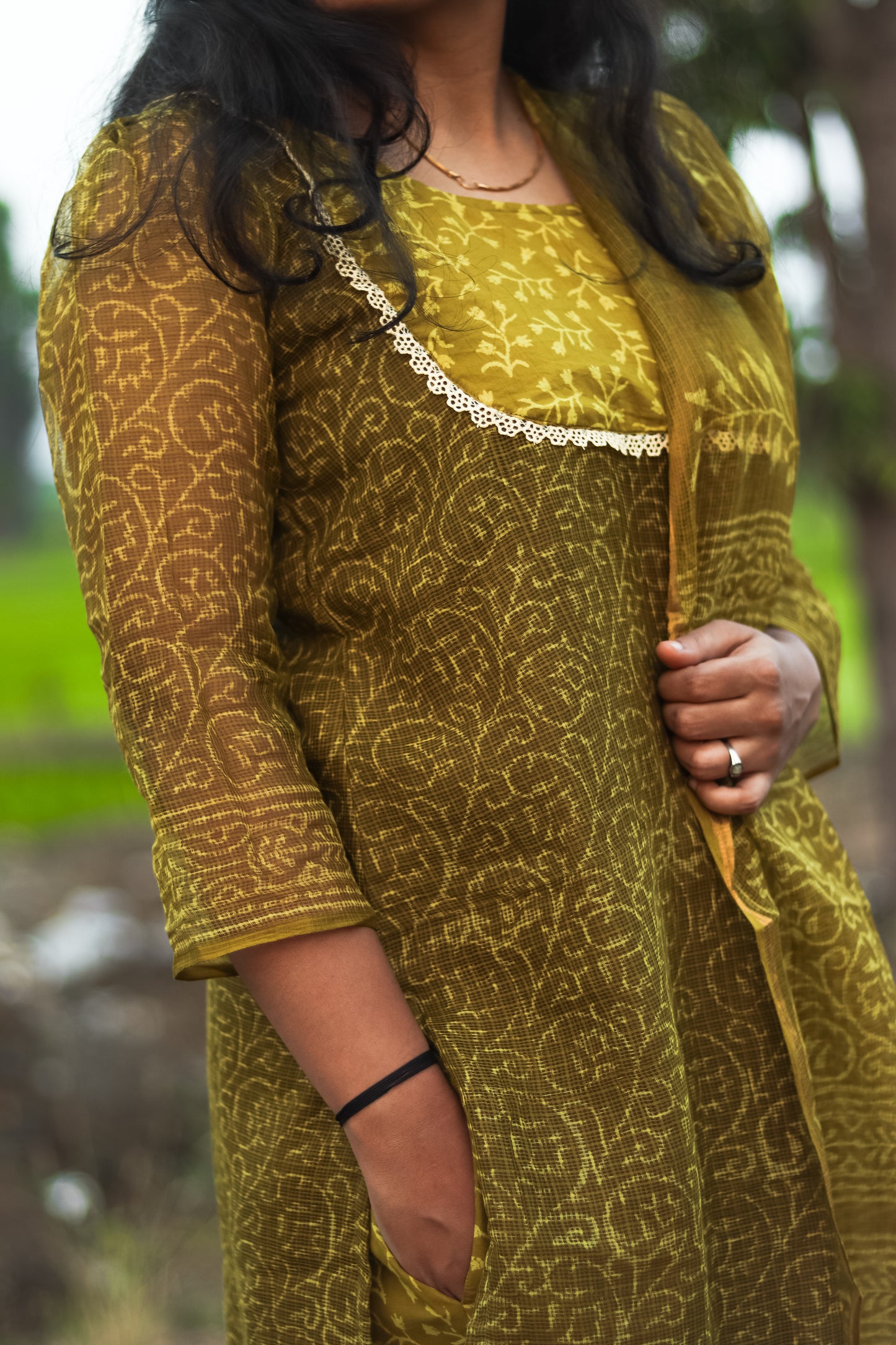 Olive Jaipur cotton kurta set with Kota Doris dupatta