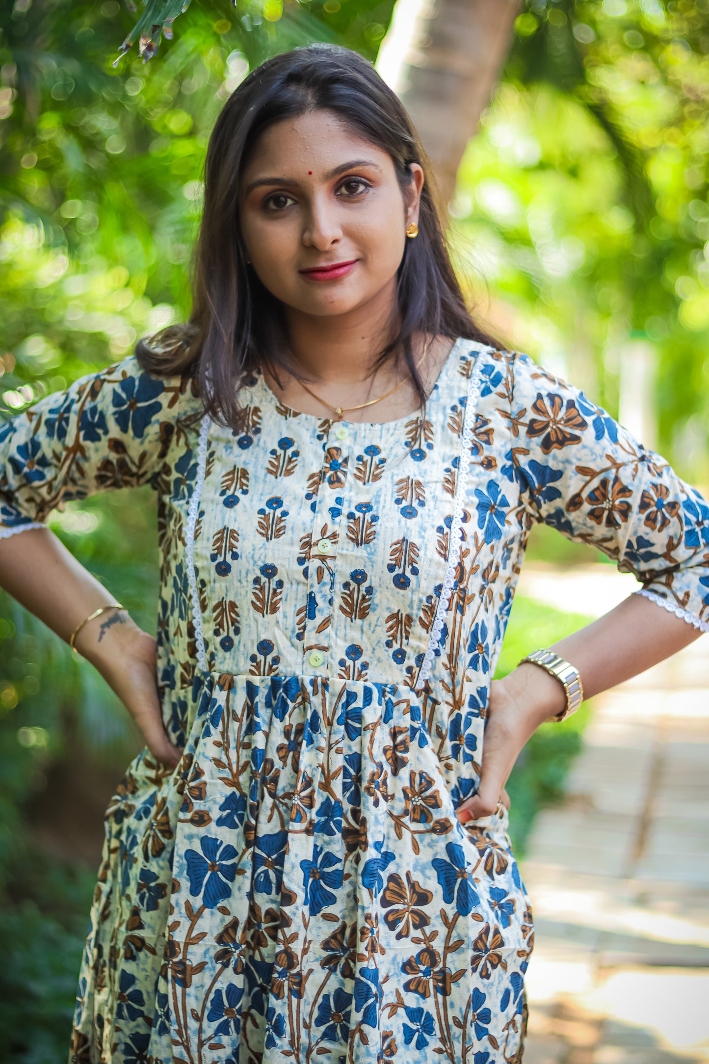 Blue floral cotton work wear kurta set