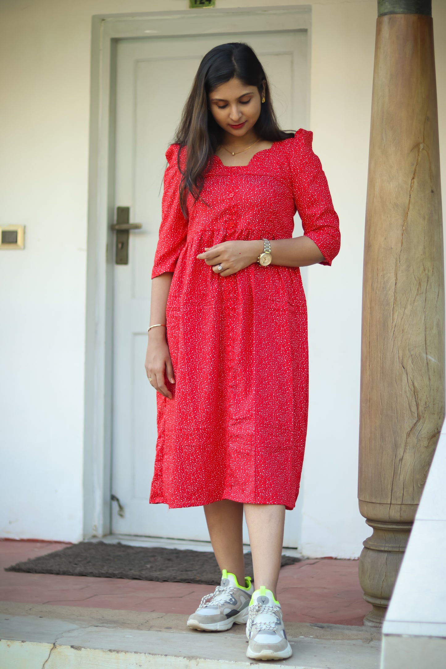 Red dots trendy cotton women maxi