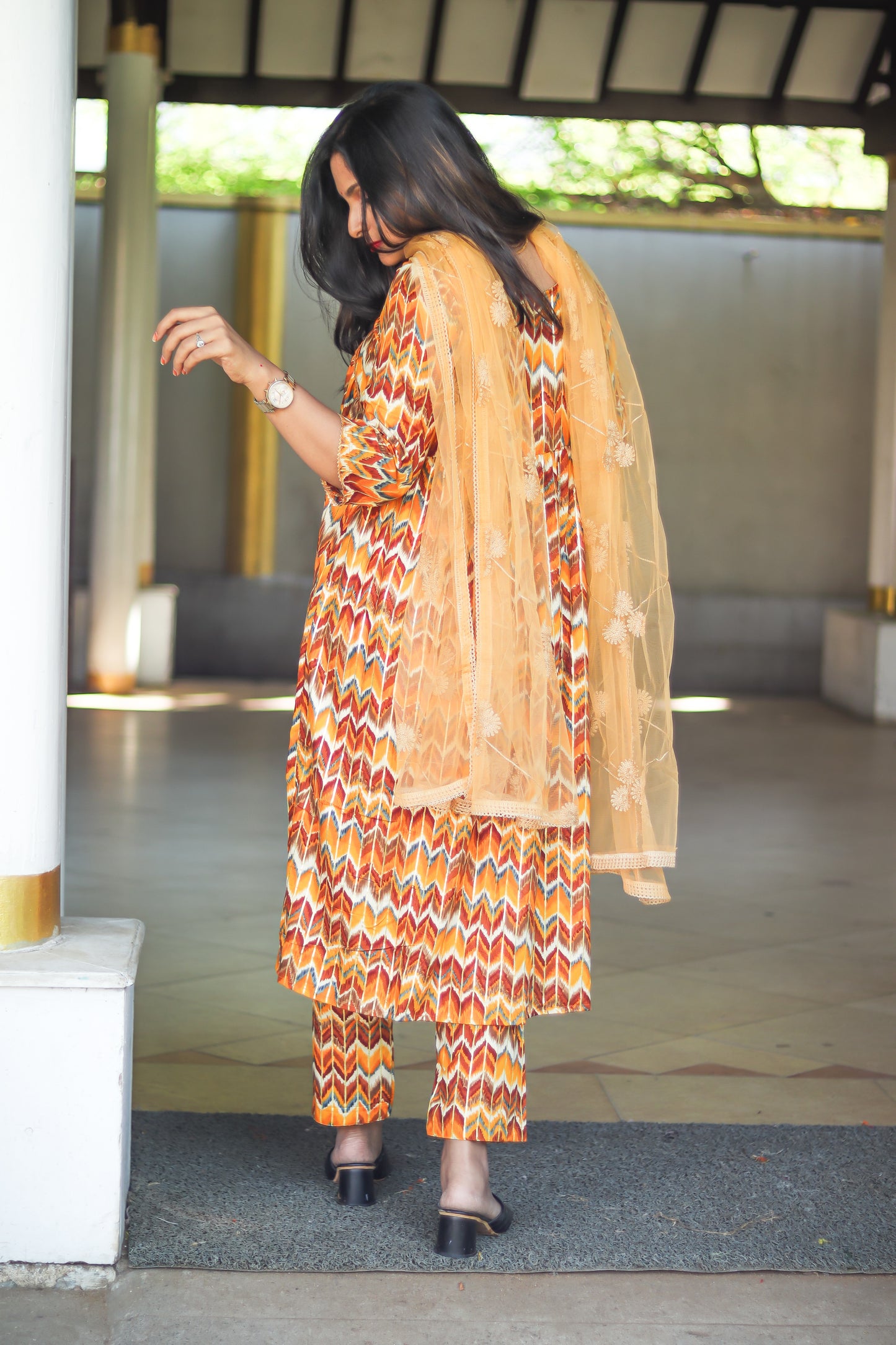 Yellow Alia cut cotton kurtaset with designer net dupatta