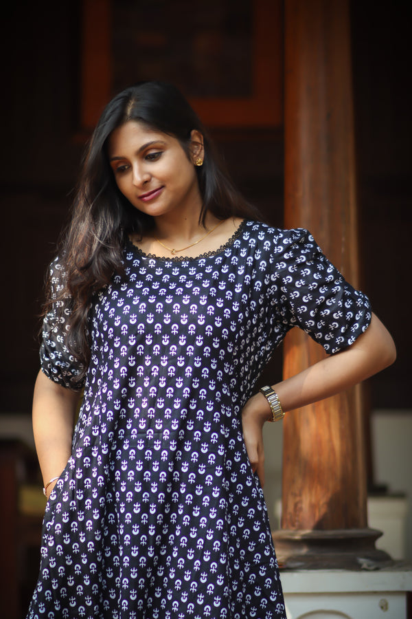 Black floral cotton kurta set with grey striped pant