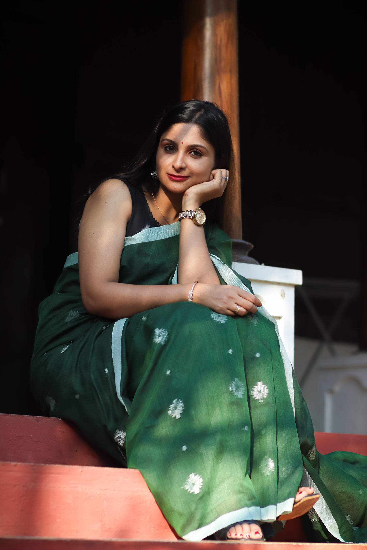 Dark green pure cotton handloom saree