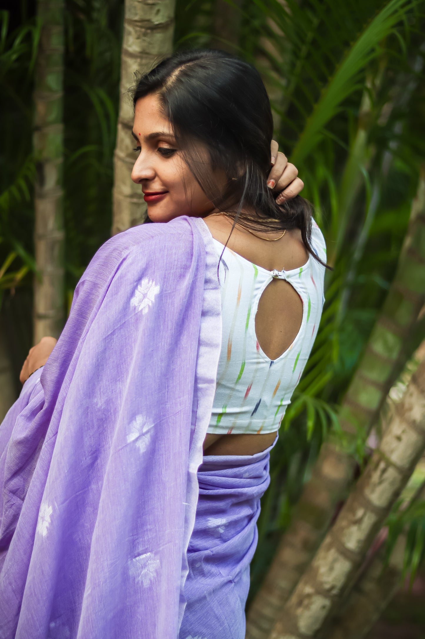 White coloured ikat cotton readymade custom stitched blouse