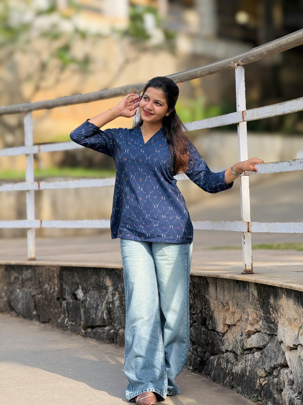 Navy Blue Ikat Print Pure Cotton Kurta Top