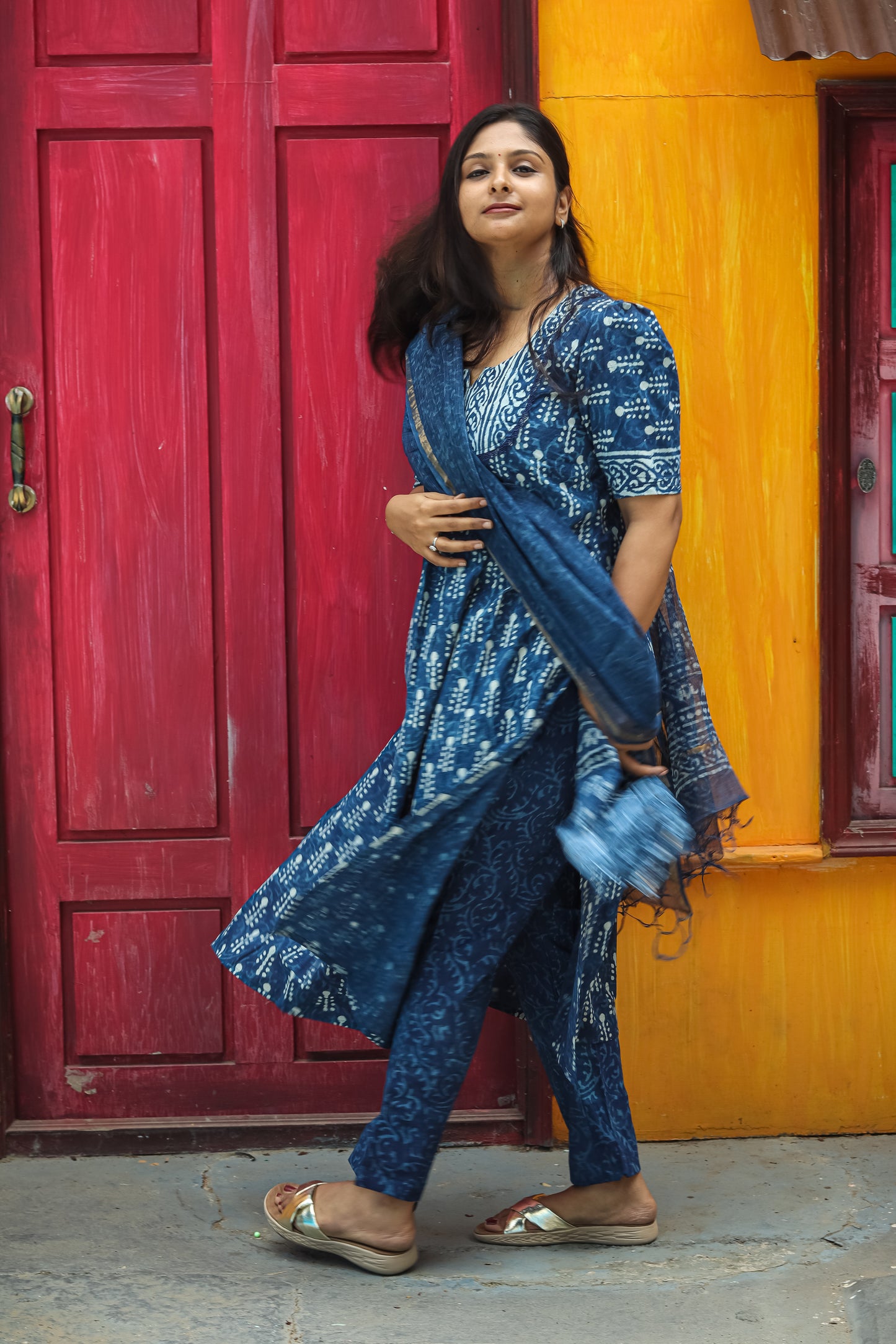 Navy blue Jaipur cotton kurta set with Kota Doria dupatta