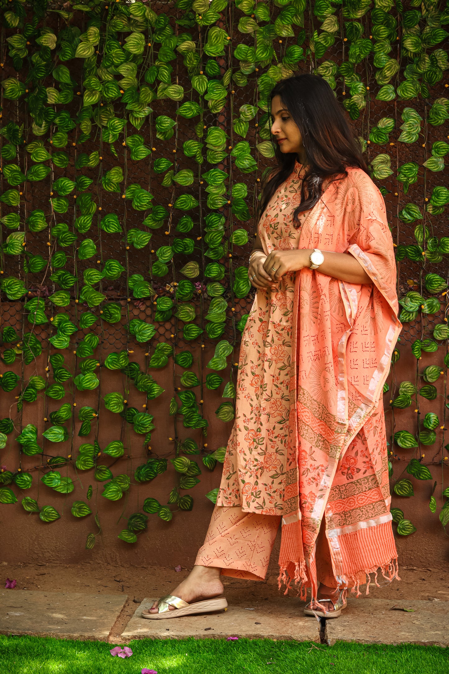 Orange floral Jaipur linen cotton kurta set (sleeves attached inside)