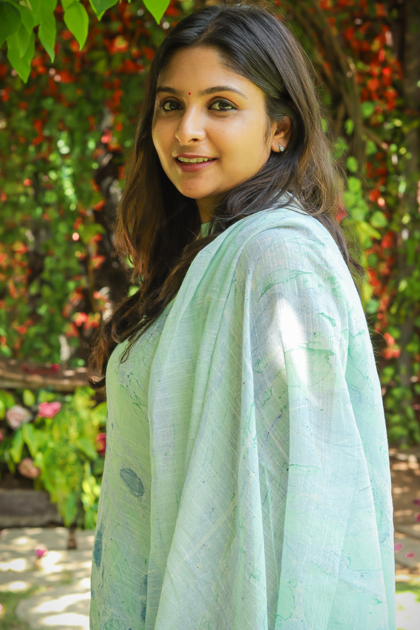 Pastel green marble print linen kurta set women