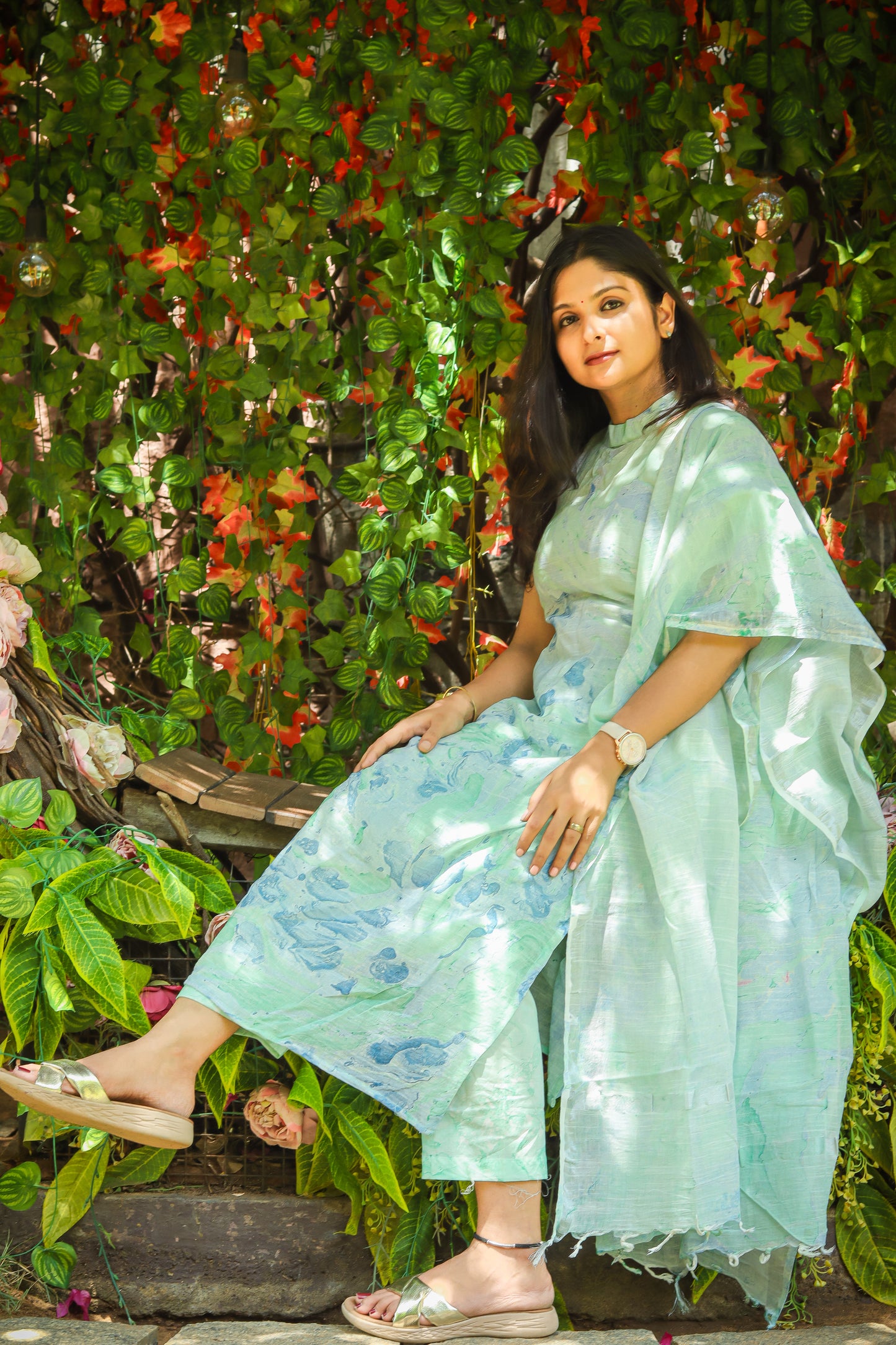 Pastel green marble print linen kurta set women