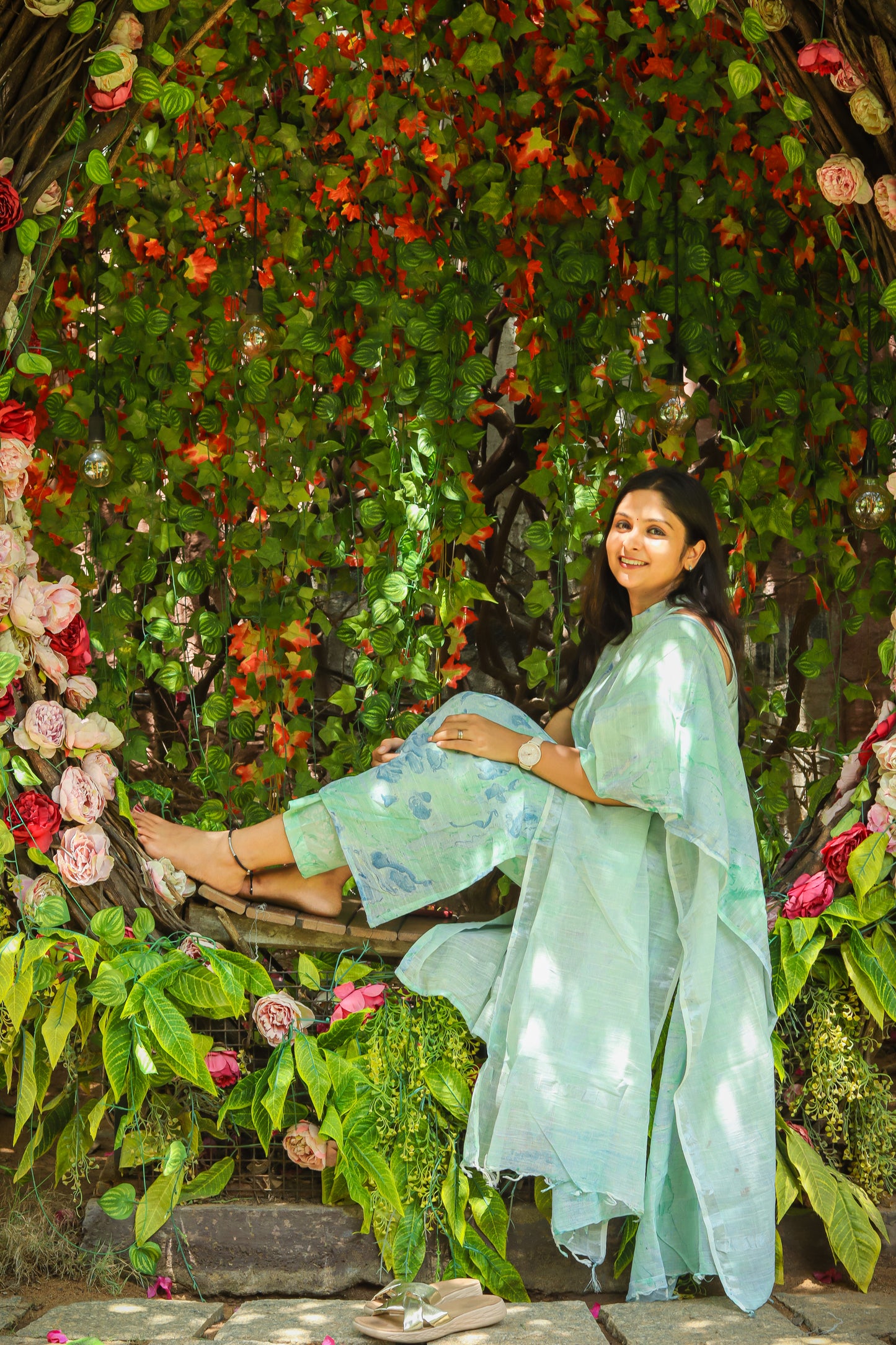 Pastel green marble print linen kurta set women