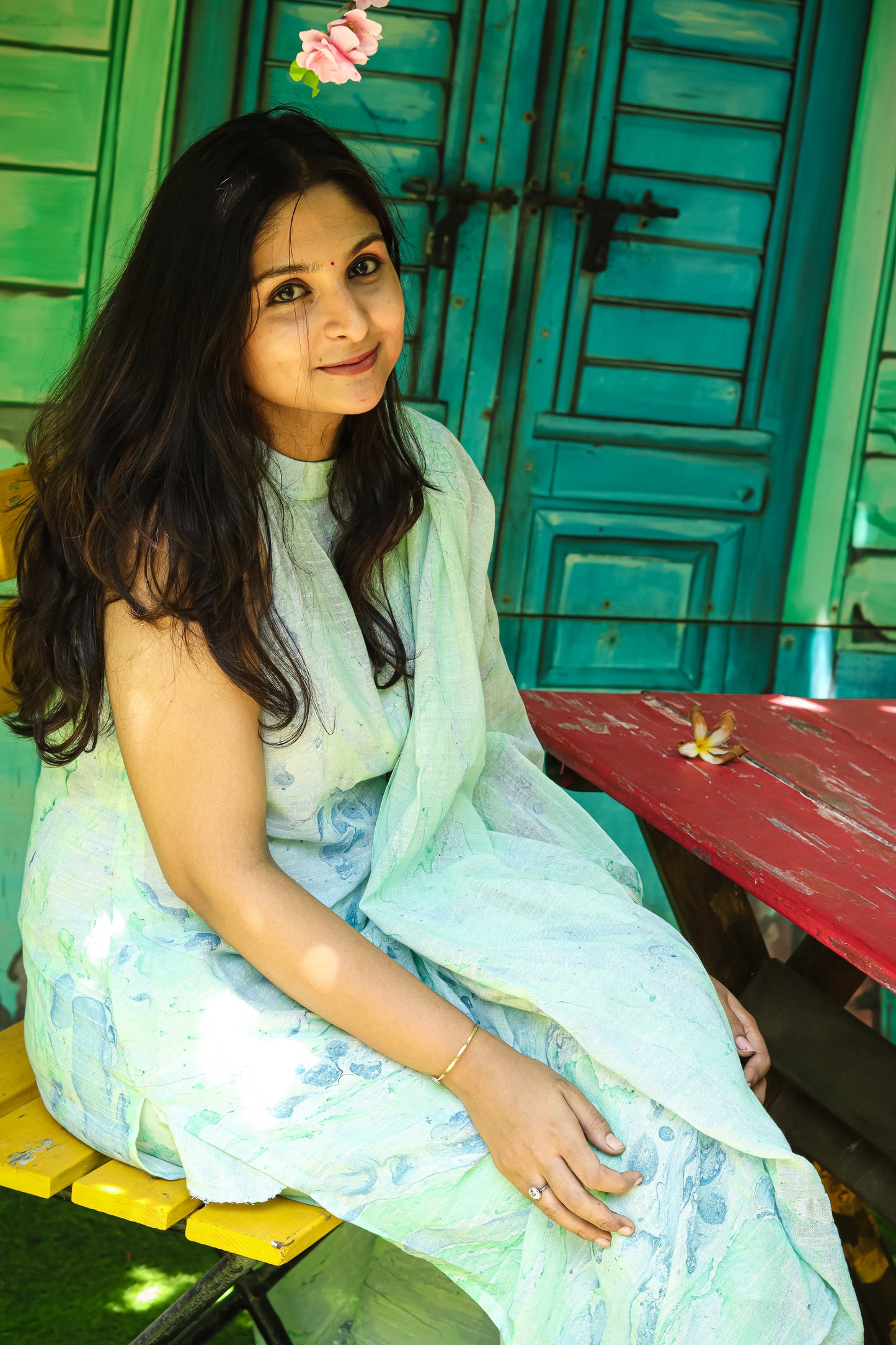 Pastel green marble print linen kurta set women