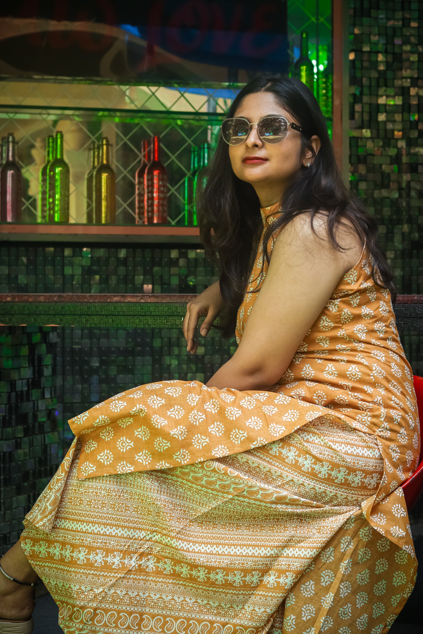 Mustard floral pure cotton workwear kurta set (sleeves attached)