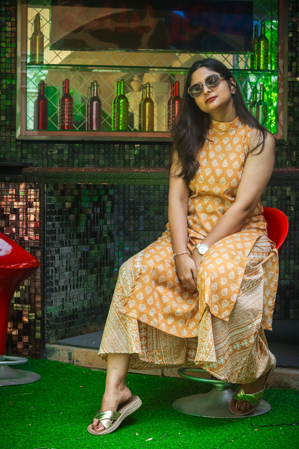 Mustard floral pure cotton workwear kurta set (sleeves attached)