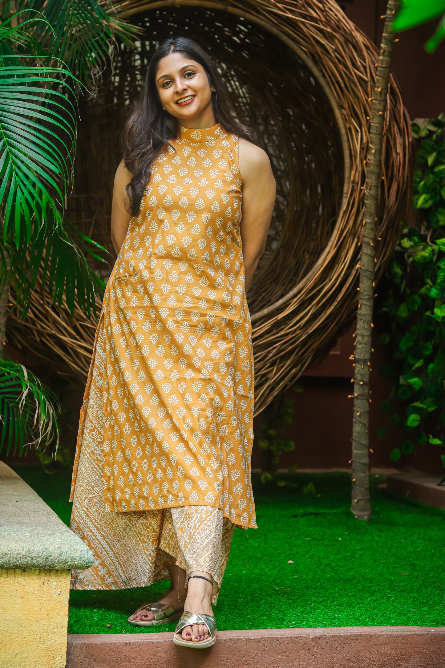 Mustard floral pure cotton workwear kurta set (sleeves attached)
