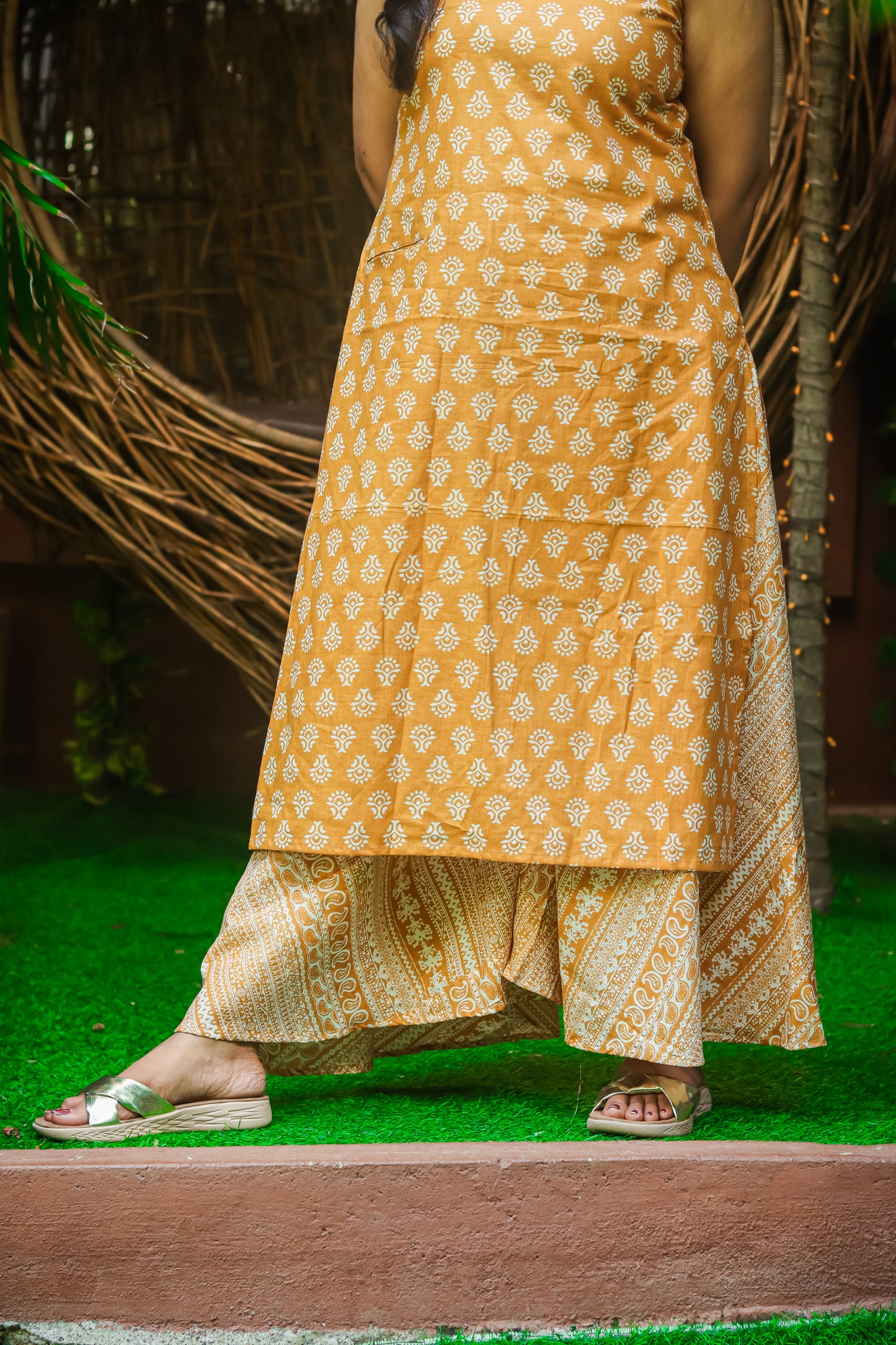 Mustard floral pure cotton workwear kurta set (sleeves attached)