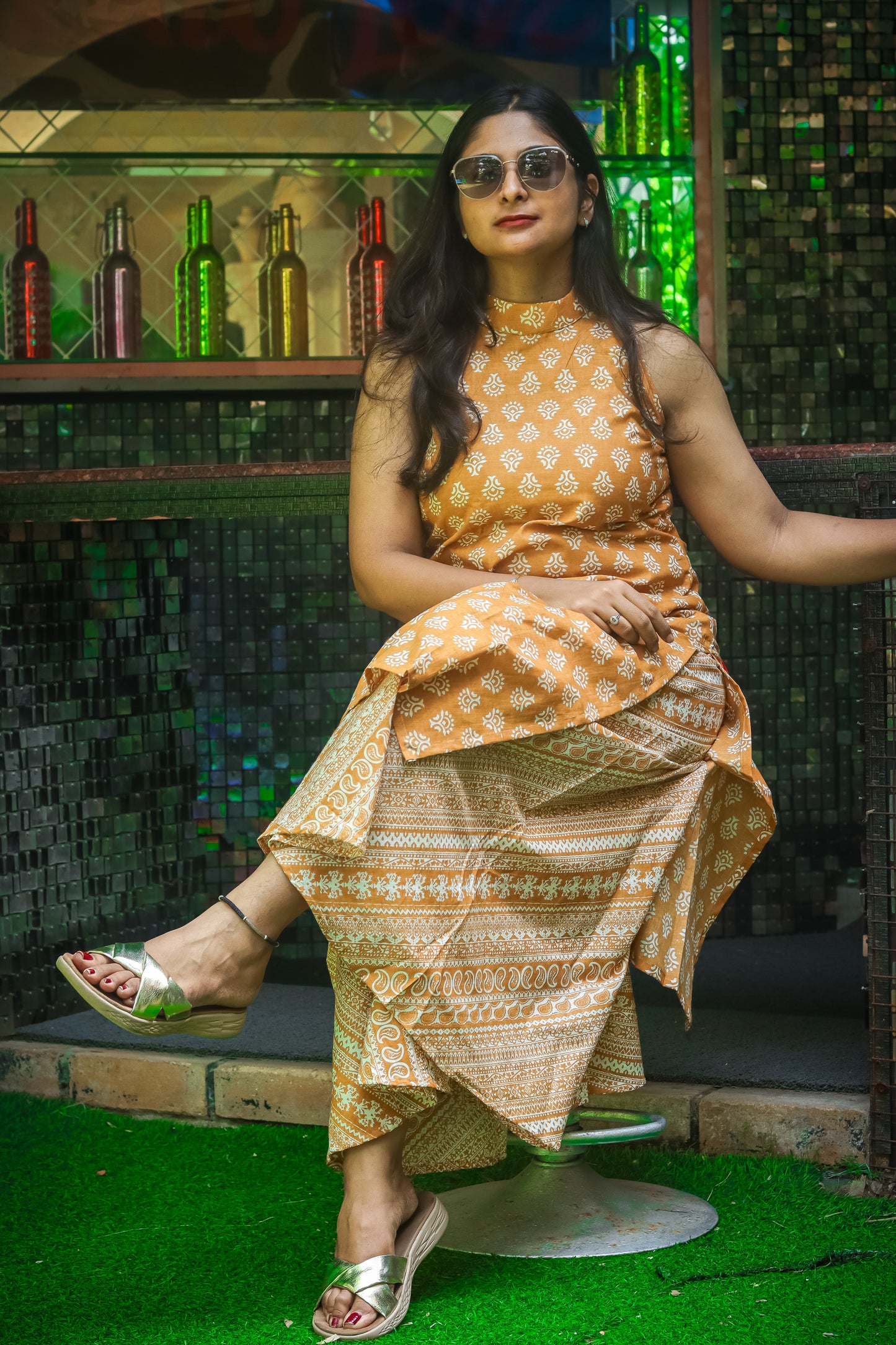 Mustard floral pure cotton workwear kurta set (sleeves attached)