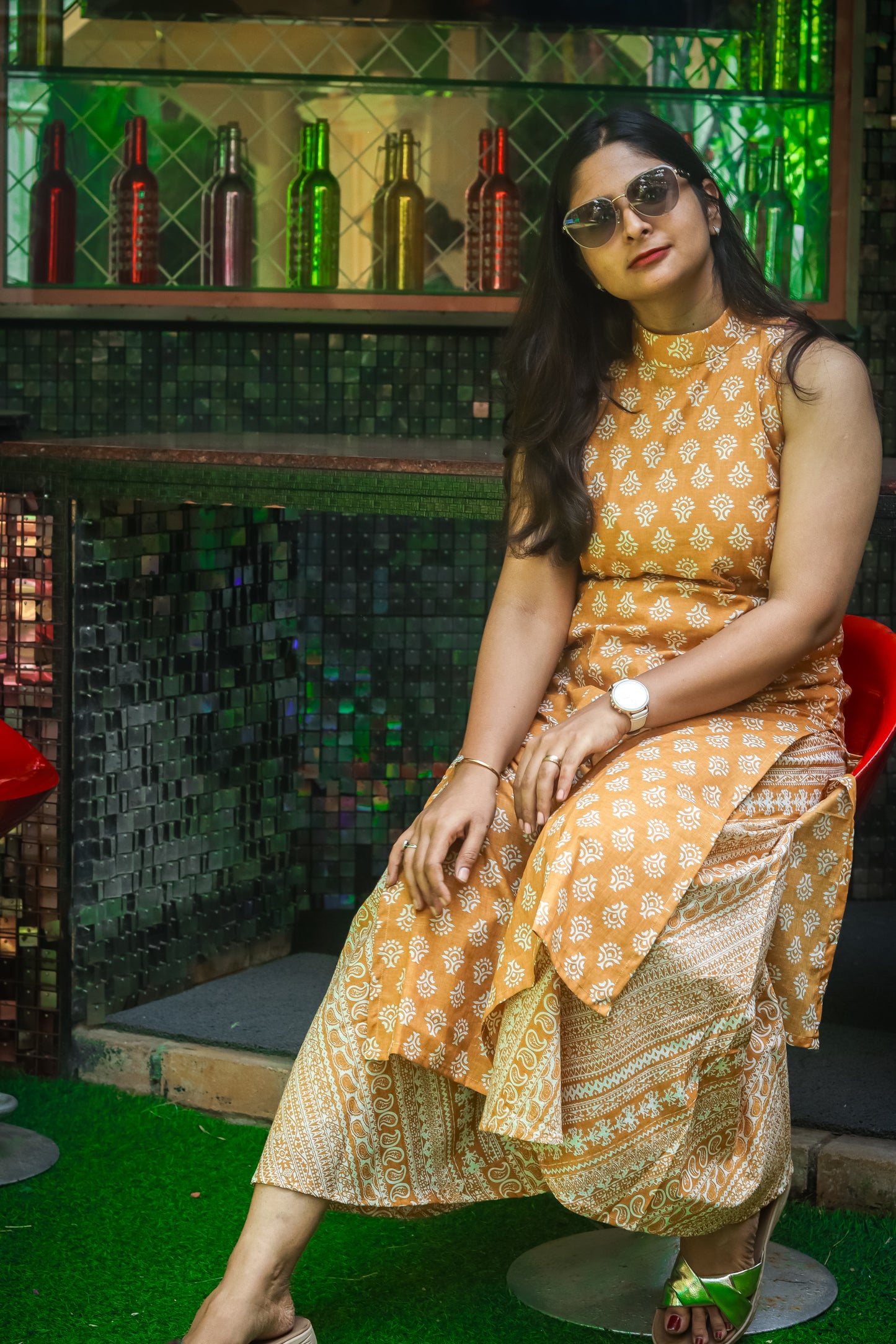 Mustard floral pure cotton workwear kurta set (sleeves attached)
