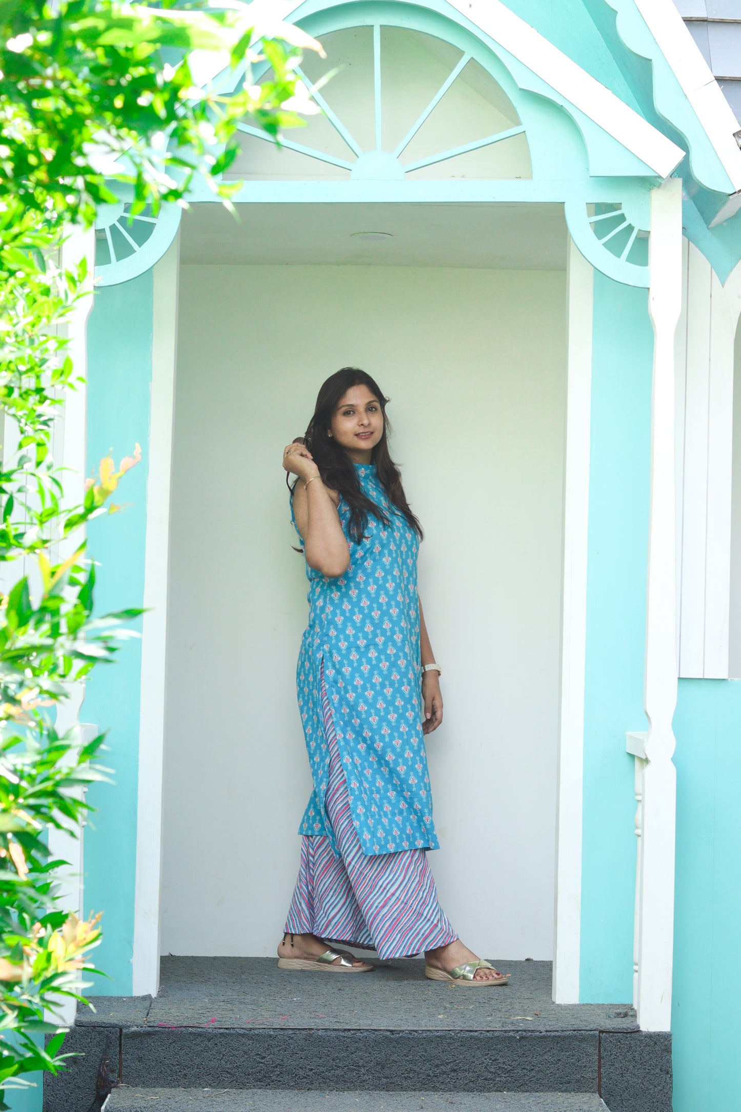 Blue pure cotton kurta set (sleeves attached)