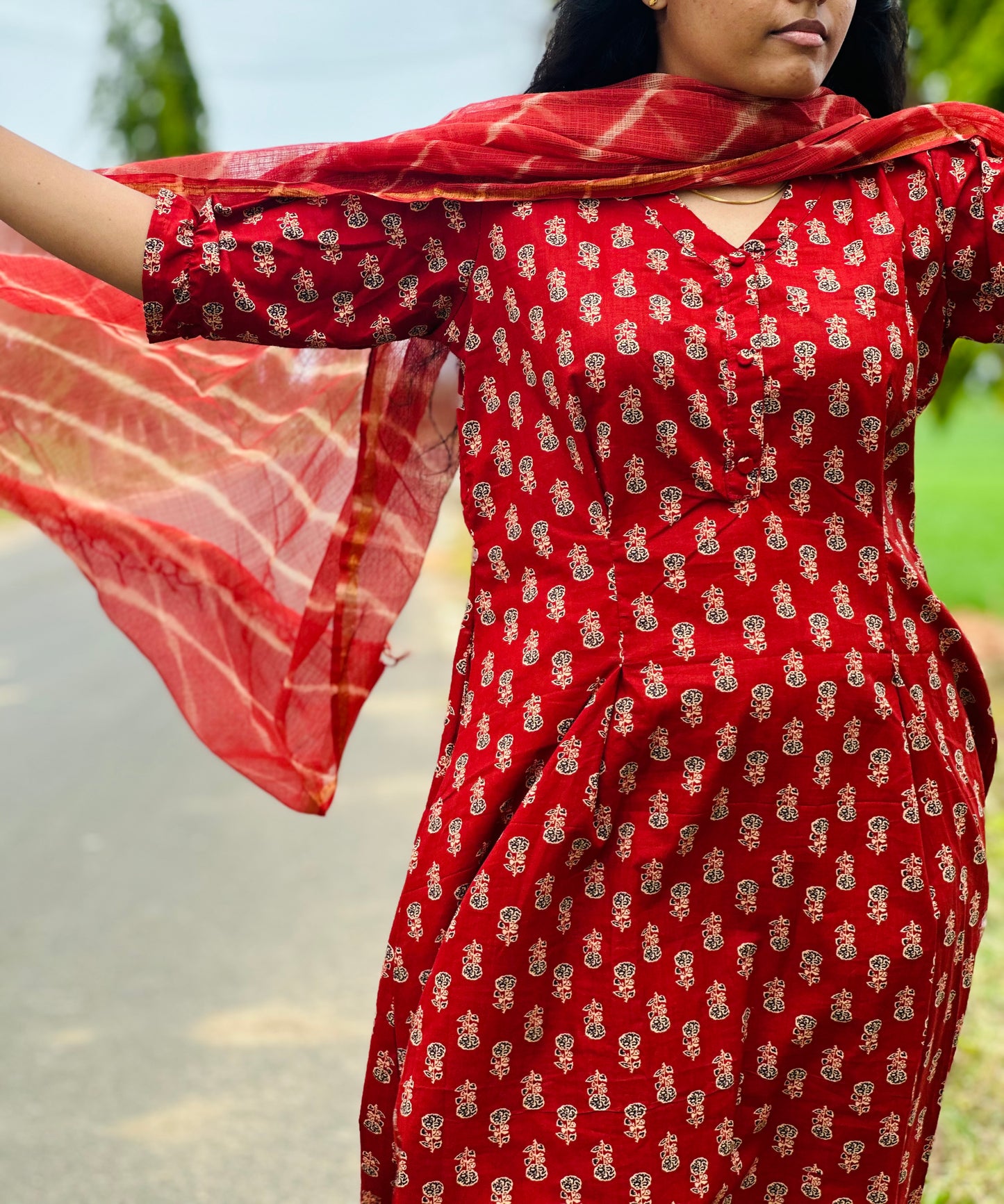 Cherry red Jaipur women cotton kurta suit