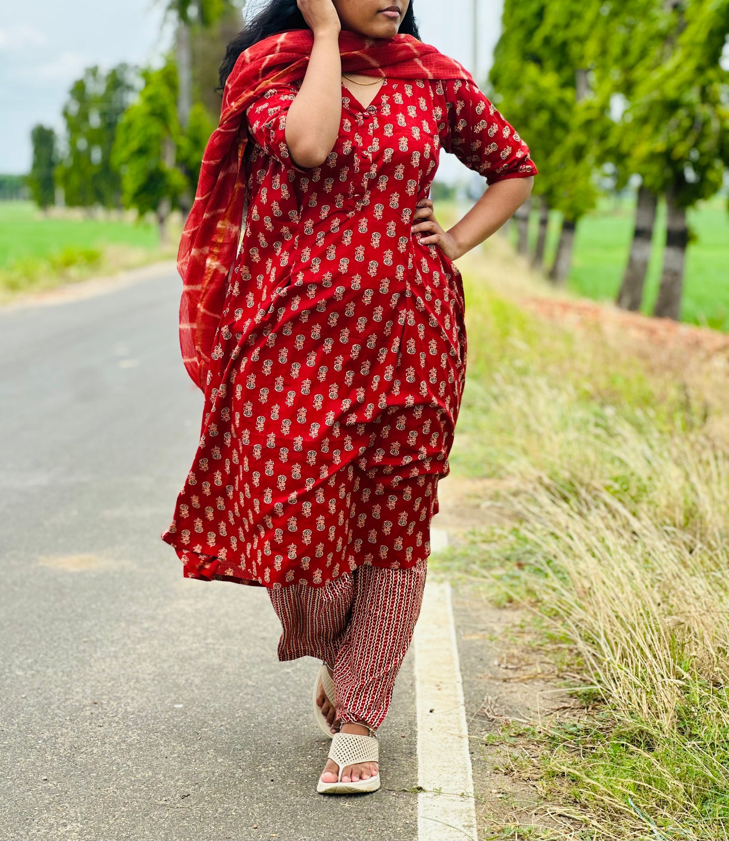 Cherry red Jaipur women cotton kurta suit