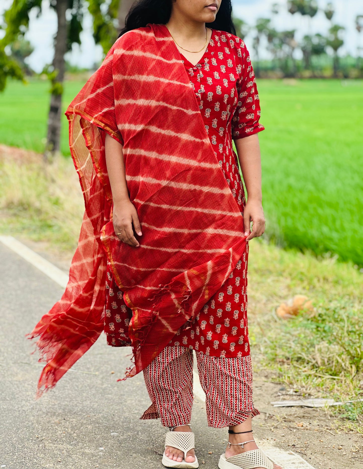 Cherry red Jaipur women cotton kurta suit