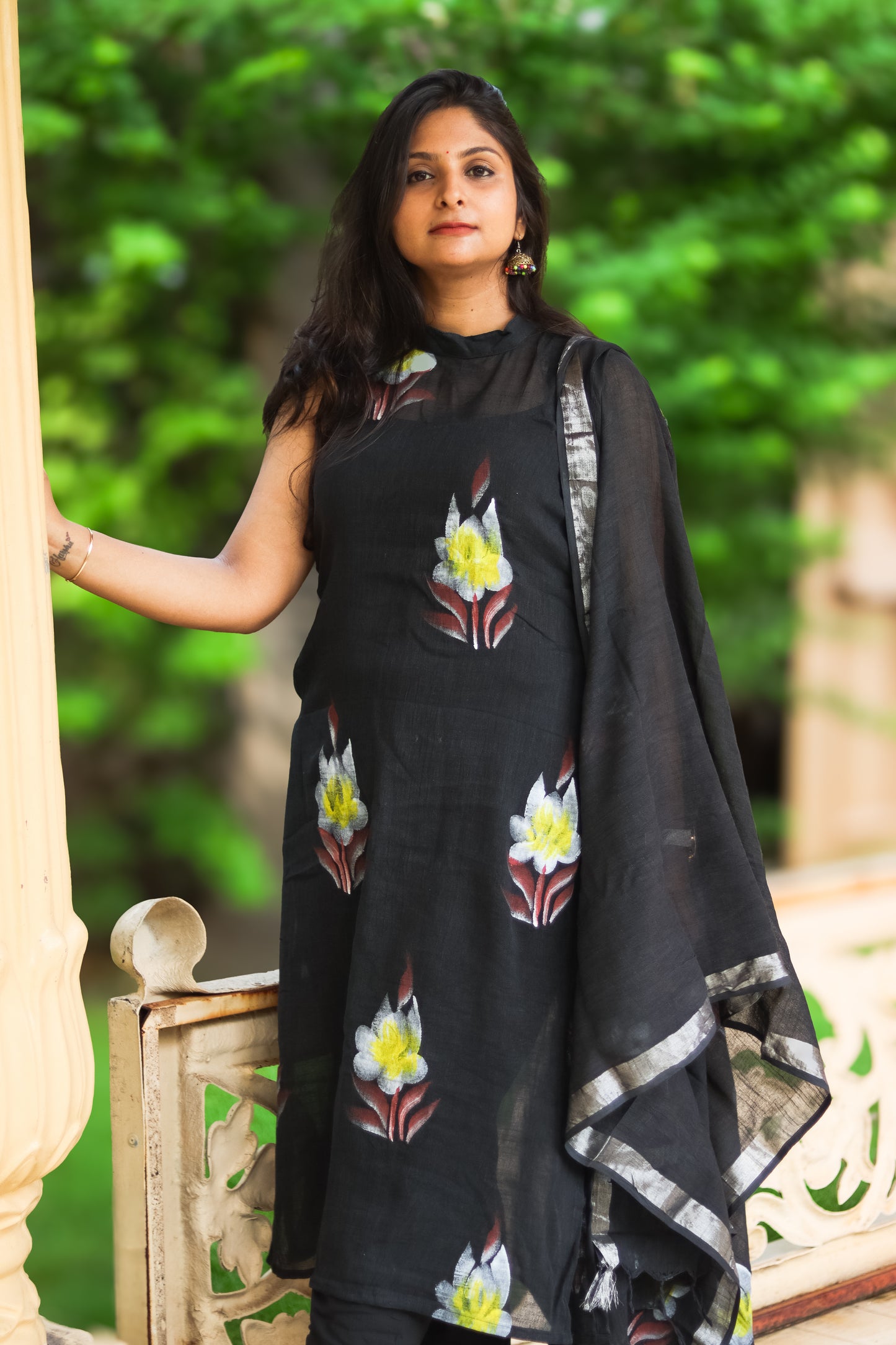 Black floral linen cotton kurta set with dupatta