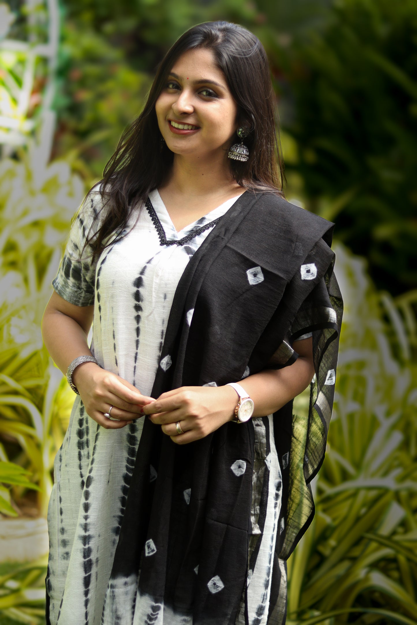 Black & white pure linen cotton women kurta set