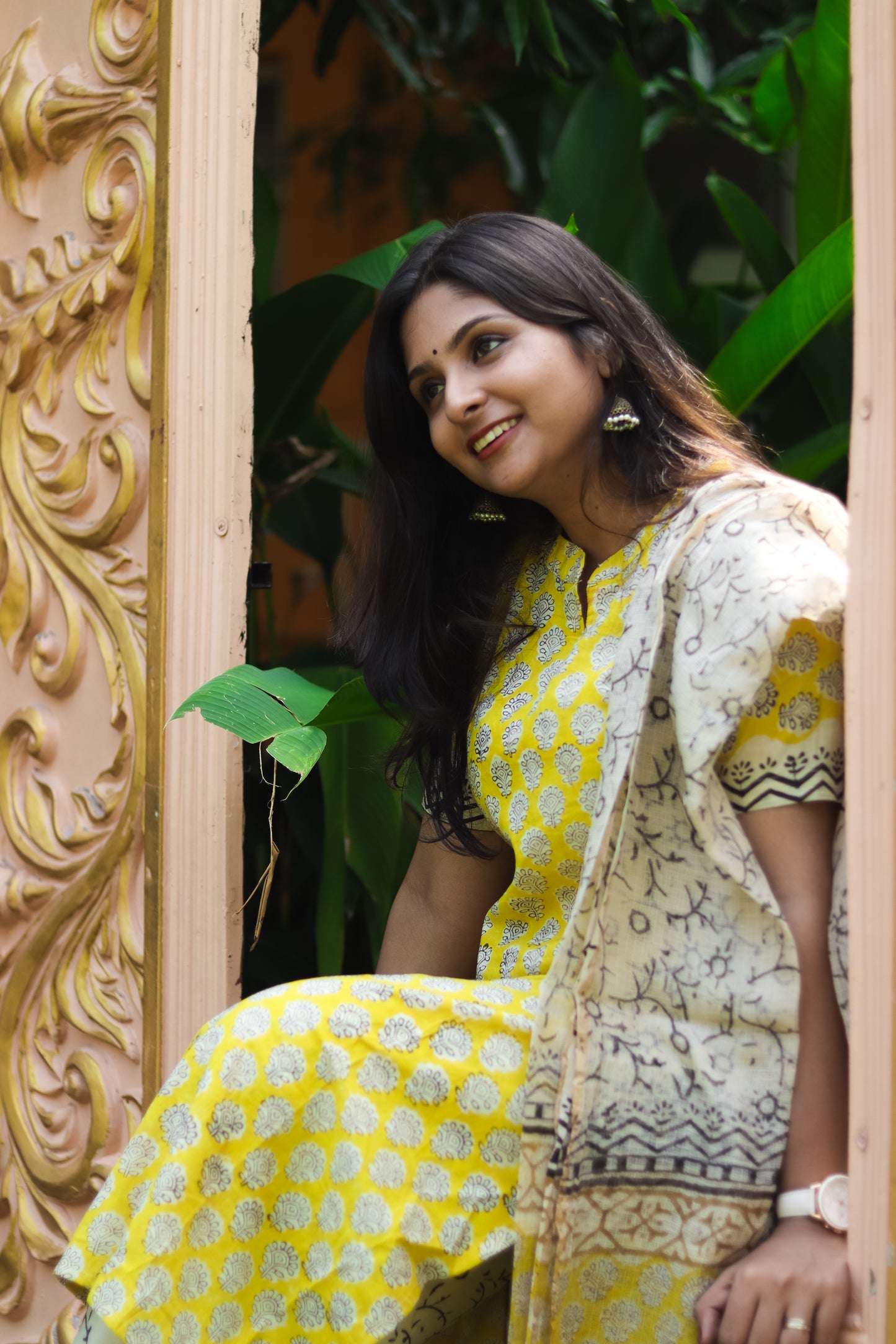 Floral yellow print Jaipur cotton women kurta set