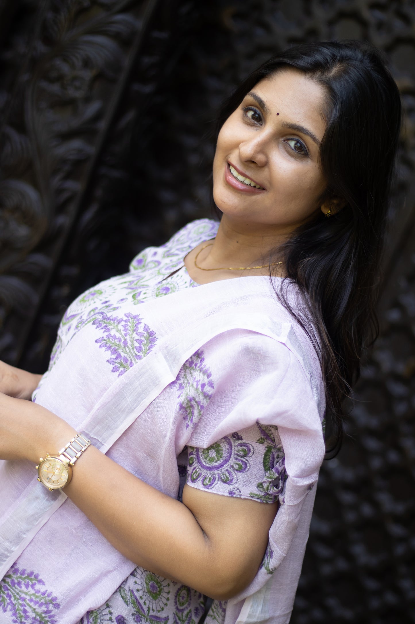 Mauve floral linen cotton women kurta set