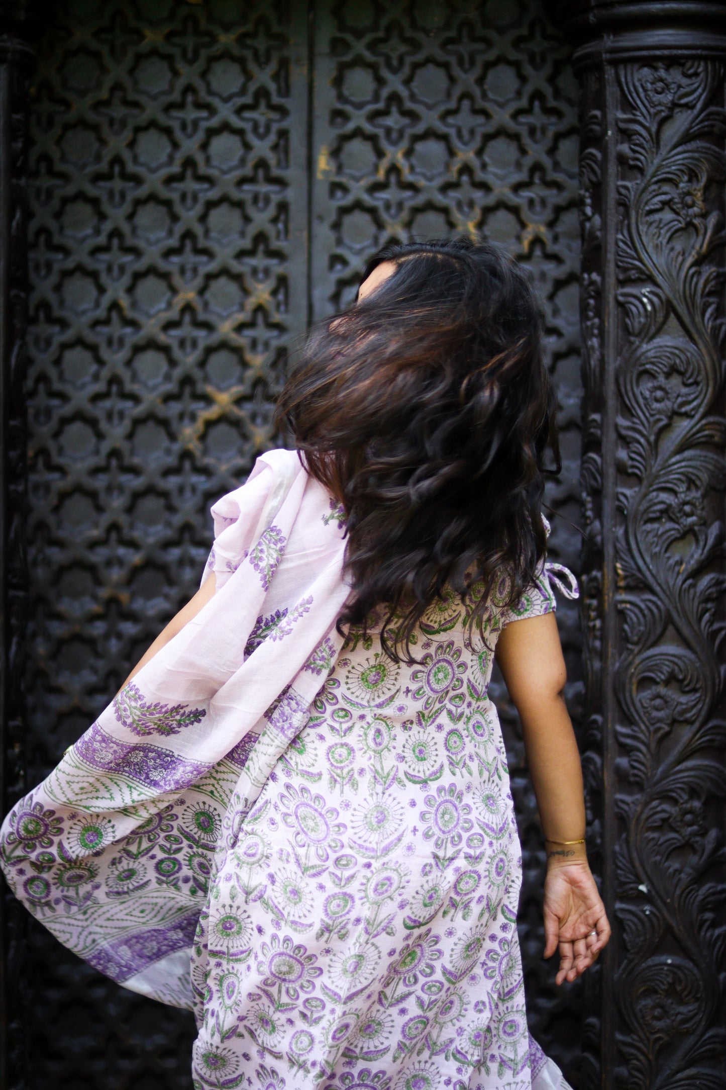Mauve floral linen cotton women kurta set