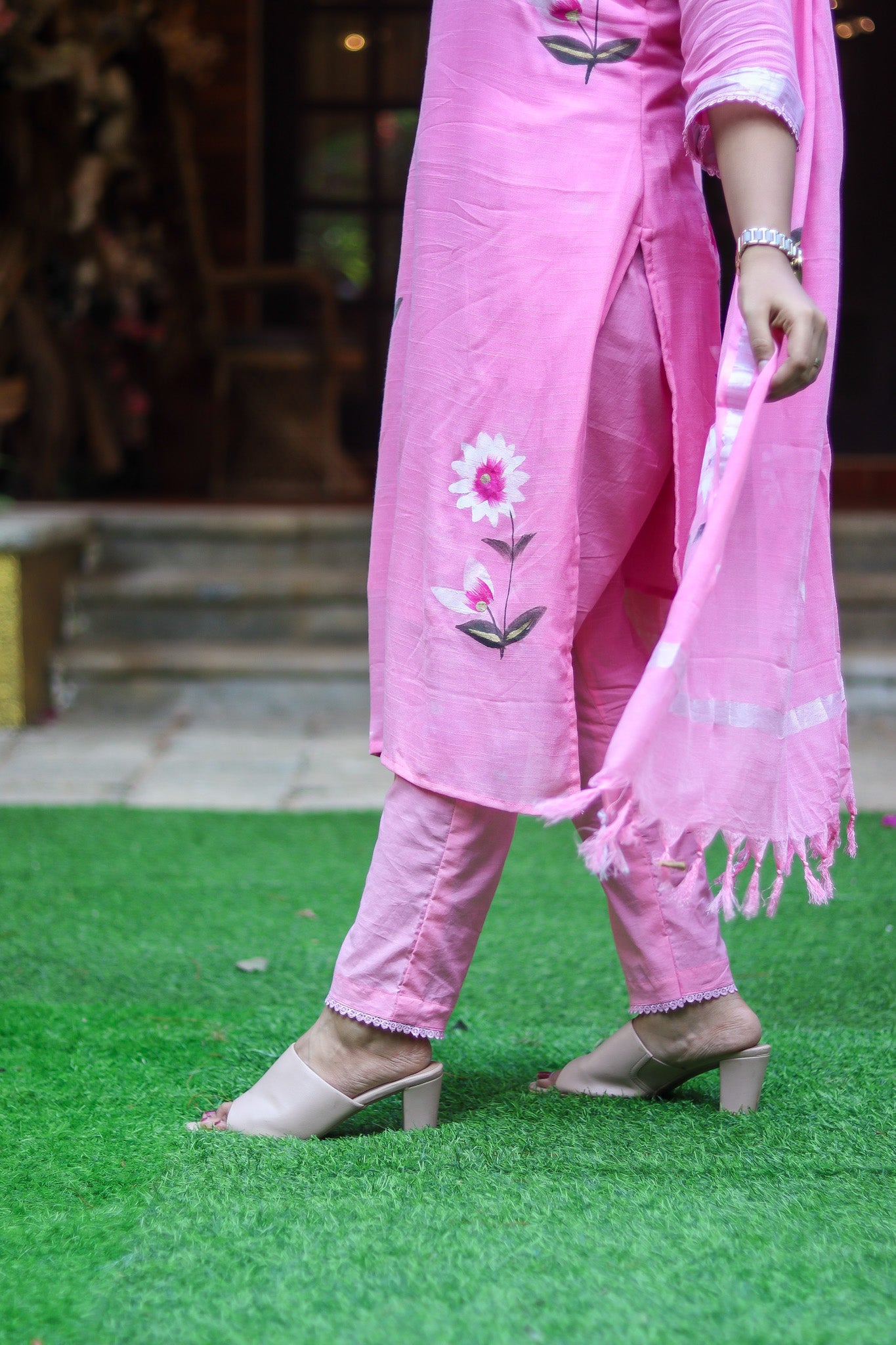Baby pinky linen cotton workwear kurta sets with lining
