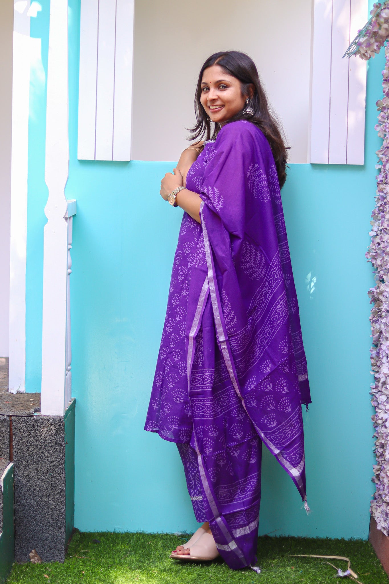 Purple linen cotton workwear kurta sets with lining