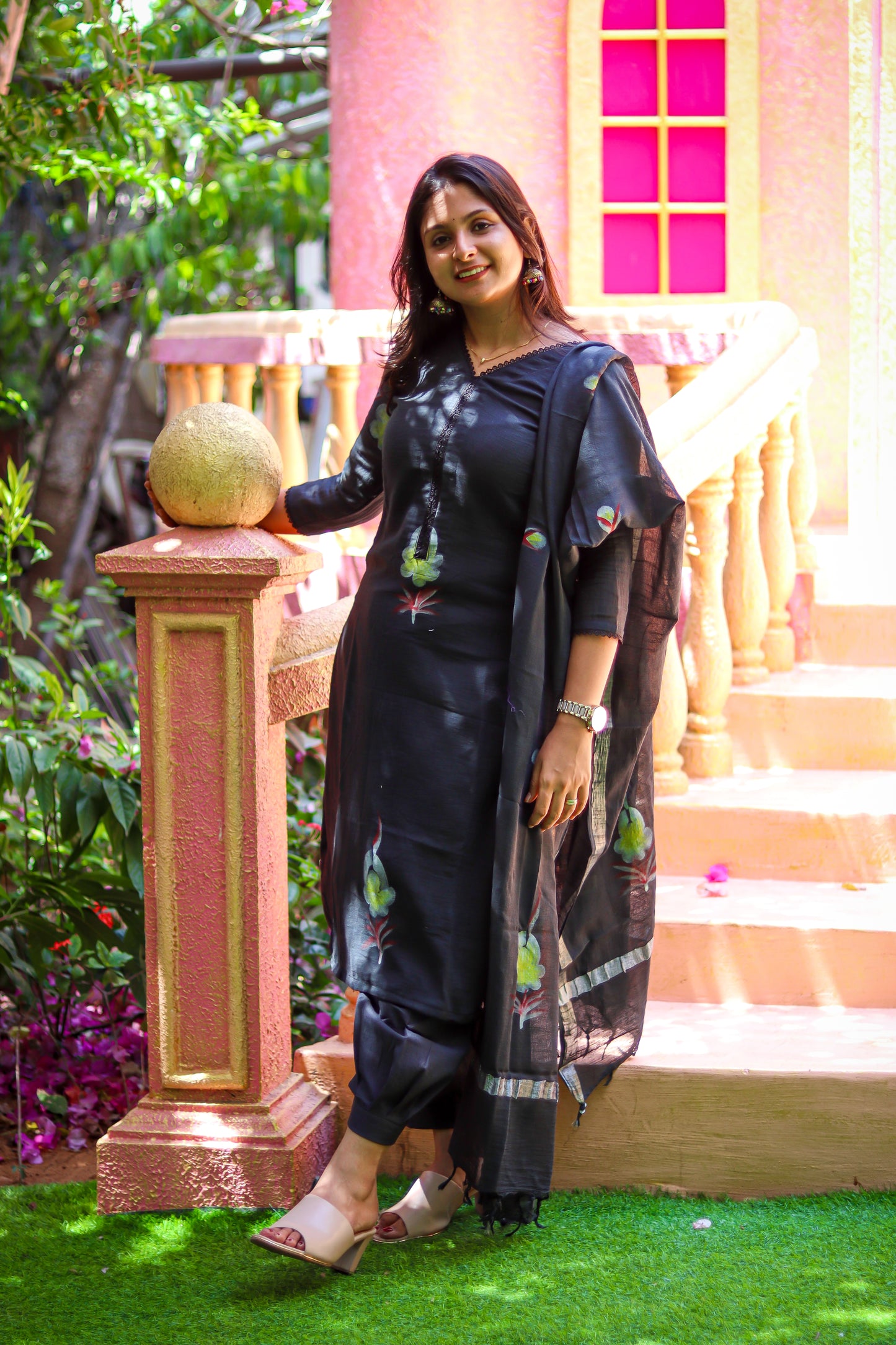 Black linen cotton workwear kurta sets with lining