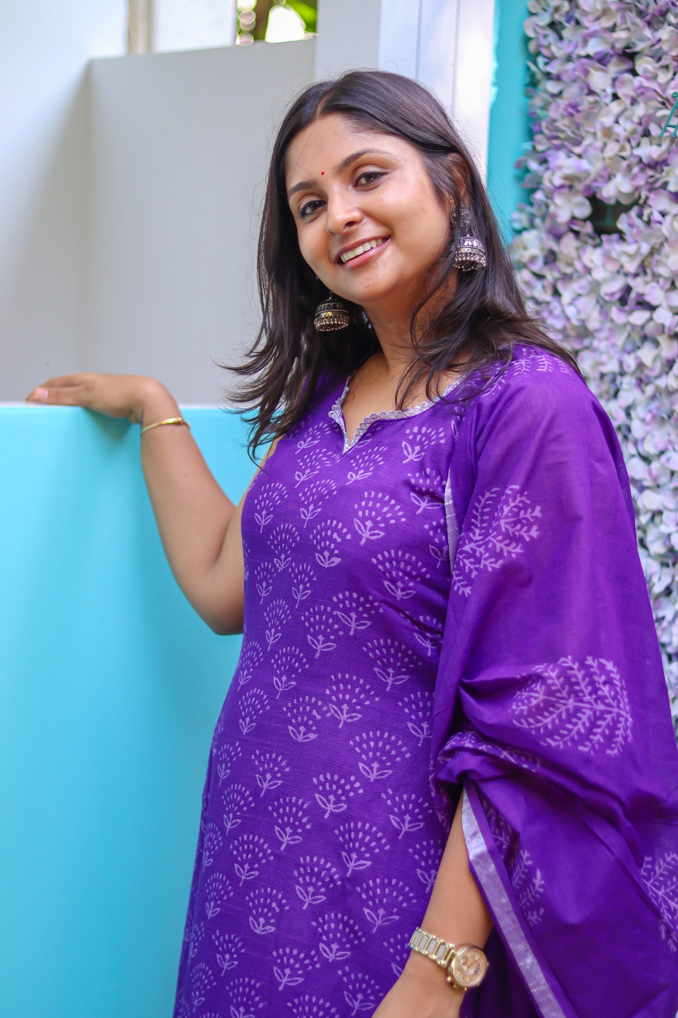 Purple linen cotton workwear kurta sets with lining