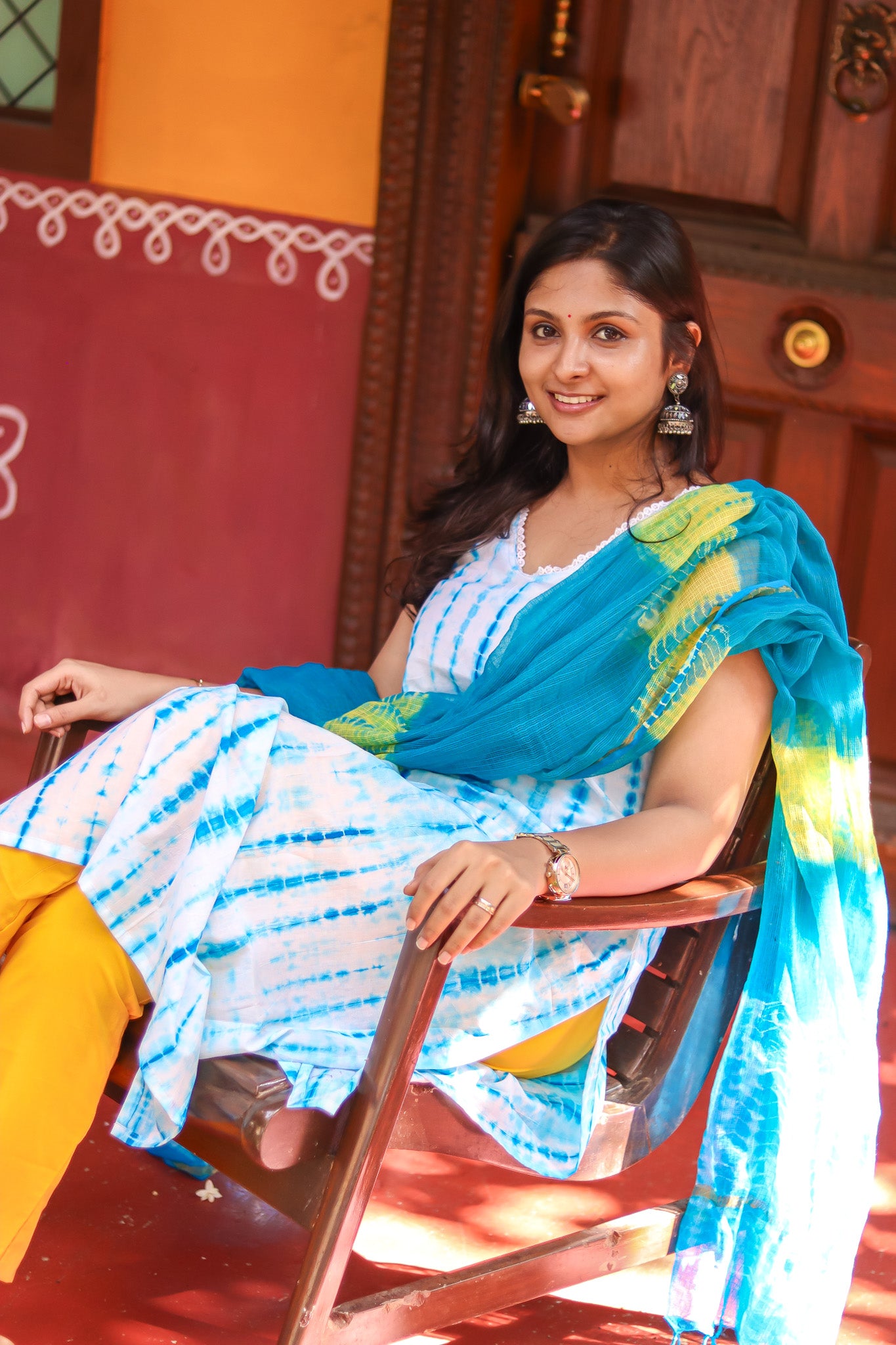 Yellow with blue tie&dye Jaipur cotton workwear kurta sets