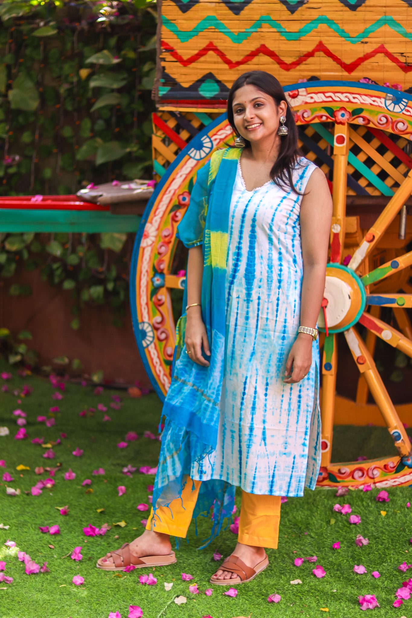 Yellow with blue tie&dye Jaipur cotton workwear kurta sets
