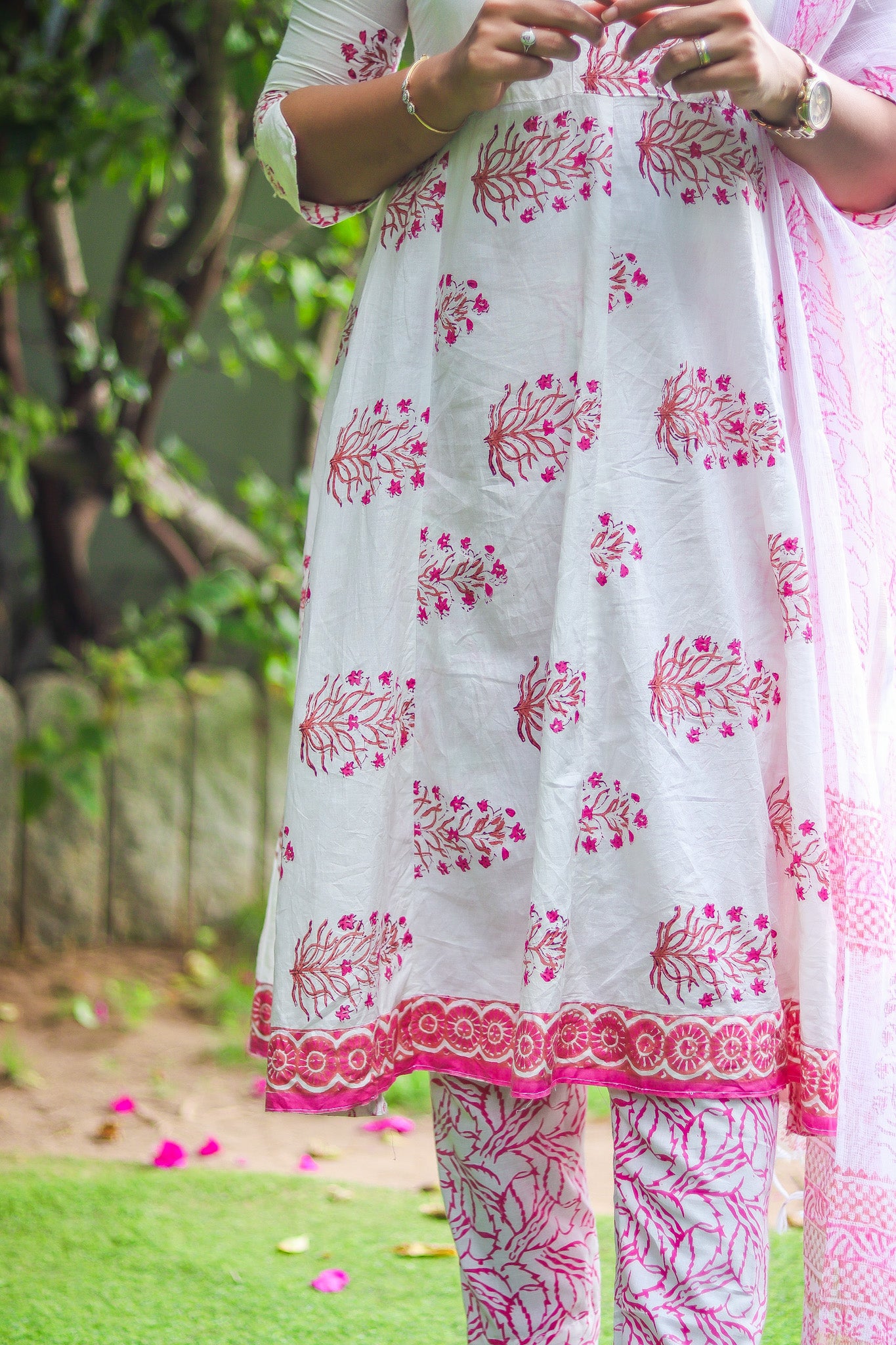 White & pinky Jaipur cotton workwear kurta sets