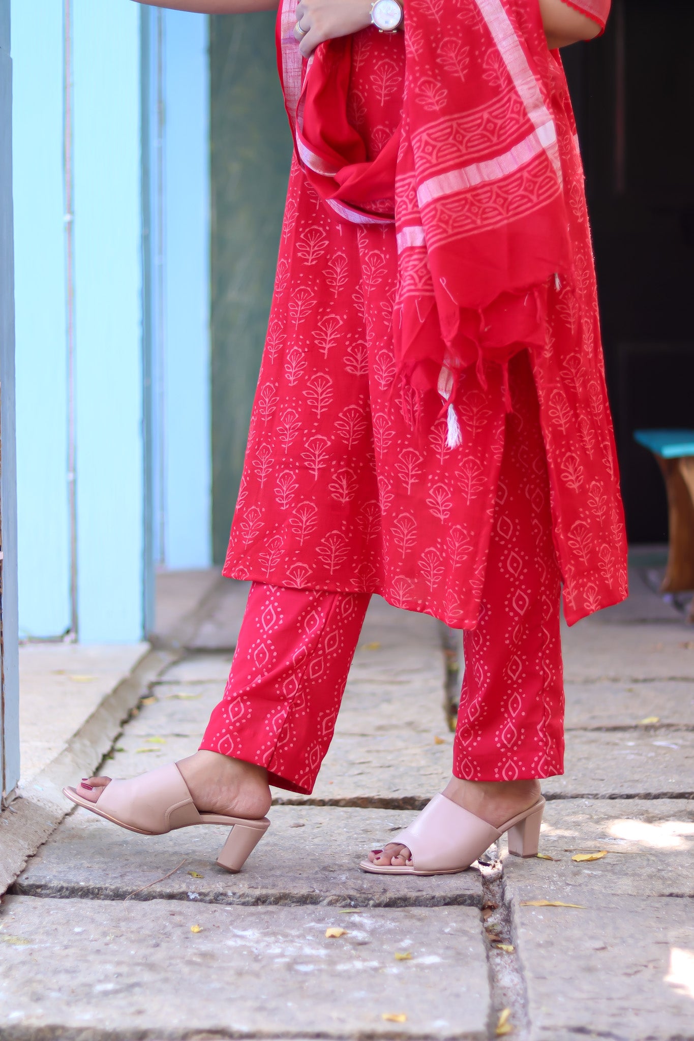 Cherry red linen cotton workwear kurta sets with lining