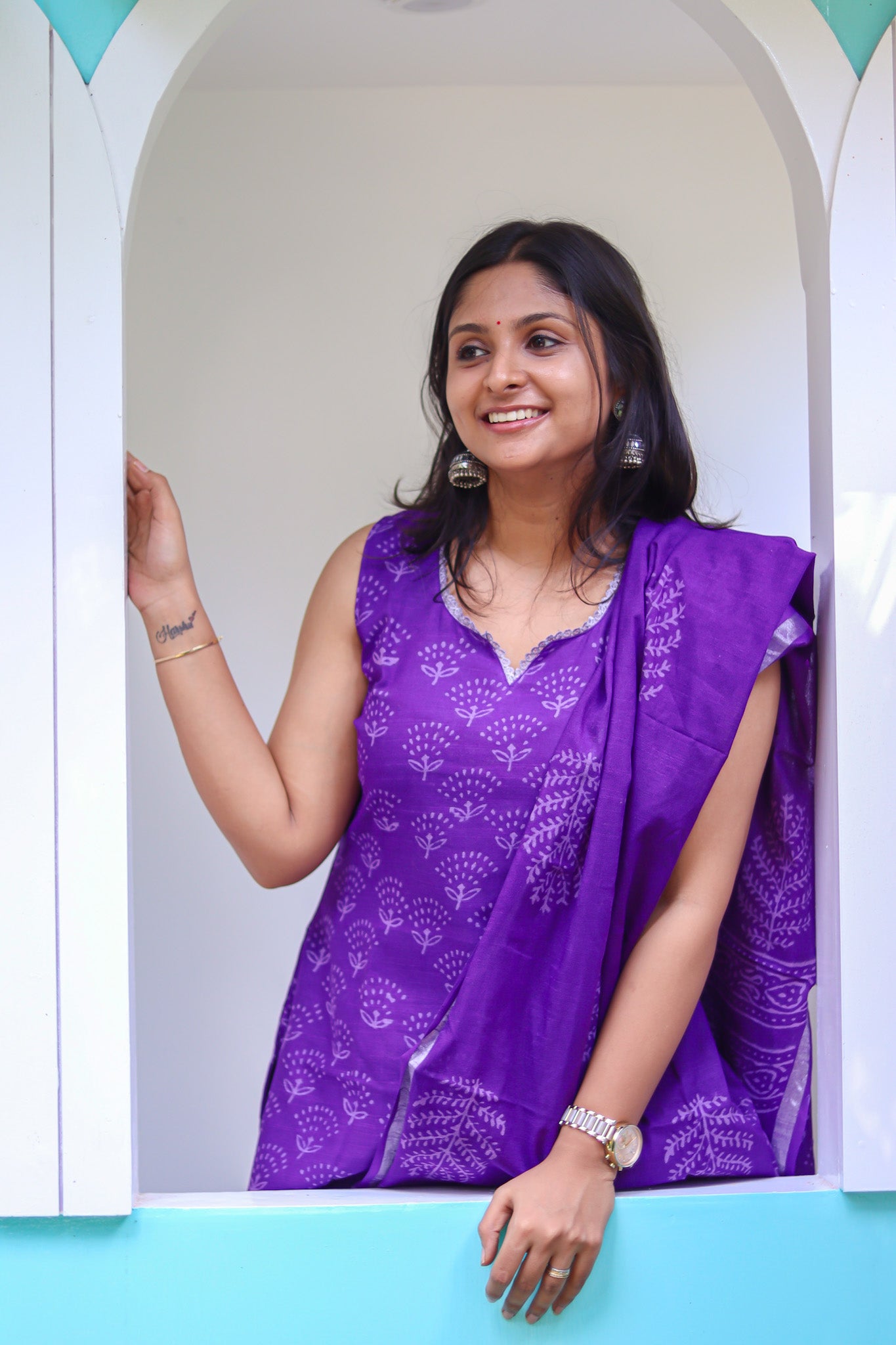 Purple linen cotton workwear kurta sets with lining