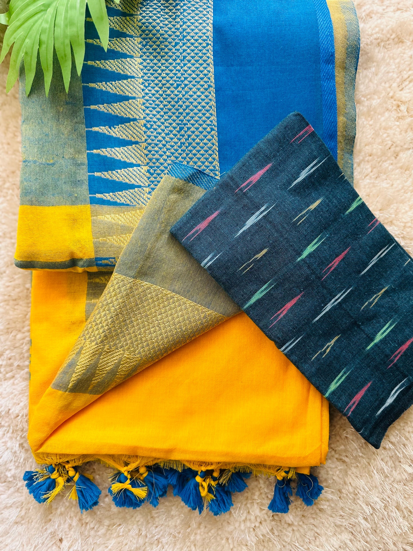 Yellow blue temple border khadi cotton saree with running blouse