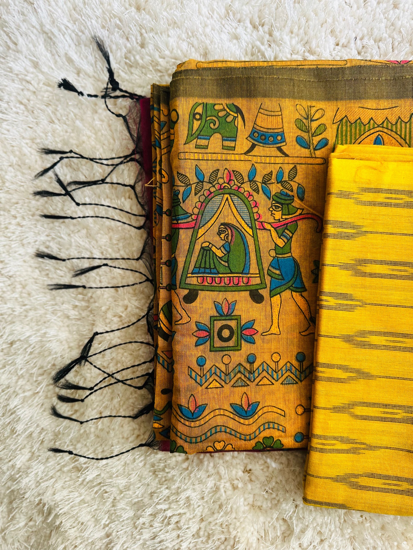 Yellow plum Madhubani print cotton saree with running blouse