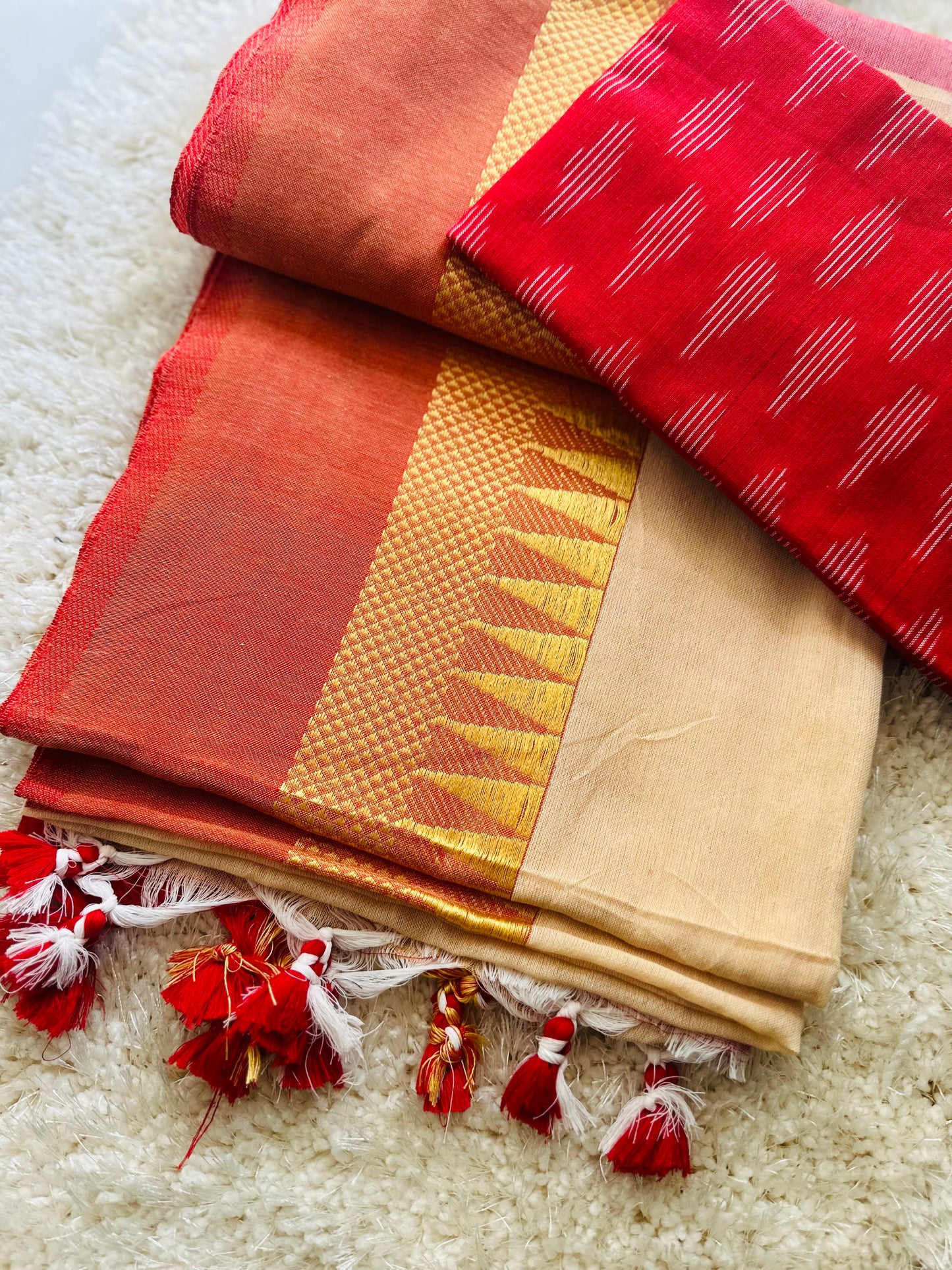 Beige red temple border khadi cotton saree with running blouse