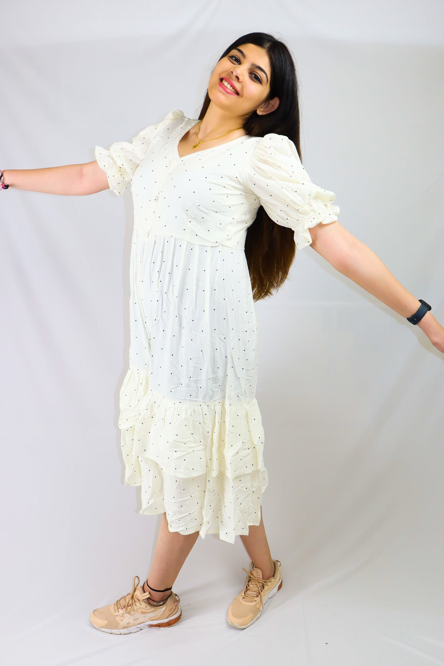 White with black dots soft cotton maxi dress