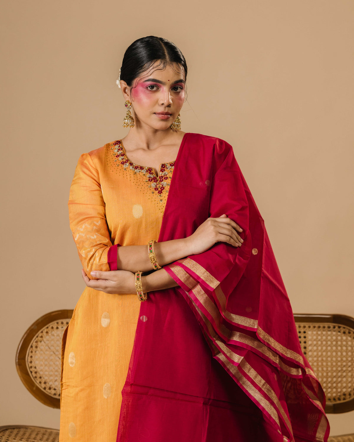 Golden Marigold Silk Cotton Handcrafted Aari Work Kurta Set