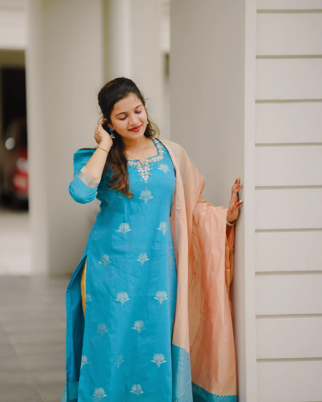 Azure Blue Silk Cotton Handloom Aari Work Kurta Set