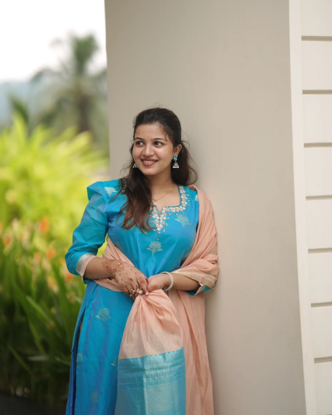 Azure Blue Silk Cotton Handloom Aari Work Kurta Set