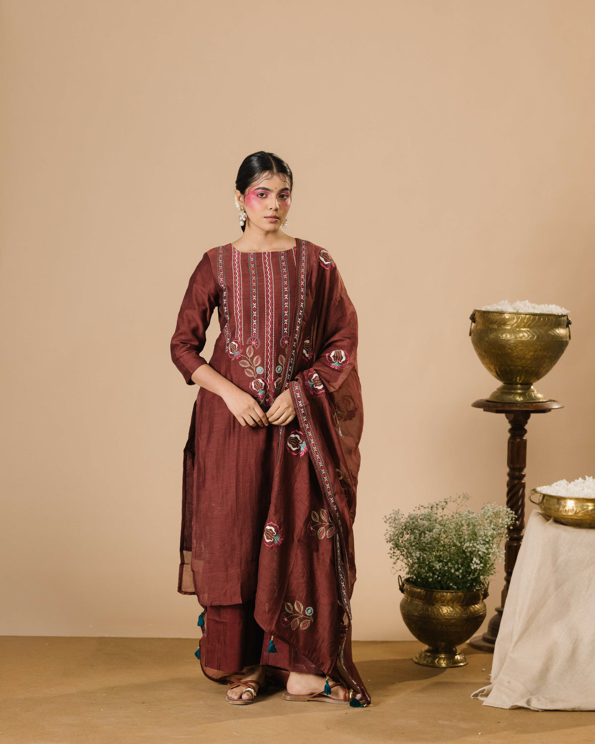 Vera Cocoa Pure Mul Cotton Parsi Embroidered kurta Suits