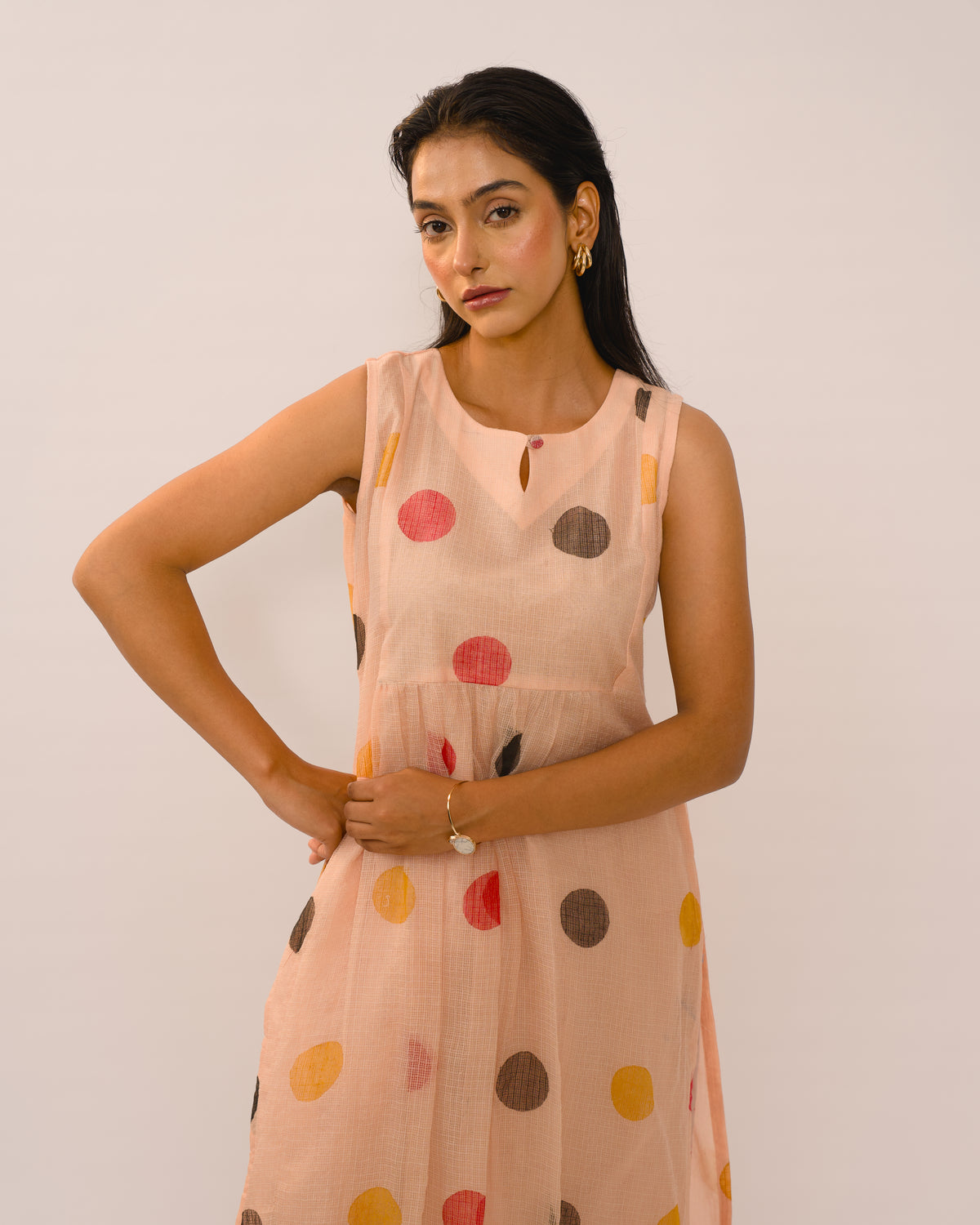 Peach Polka Dot Kota Cotton Kurta Set