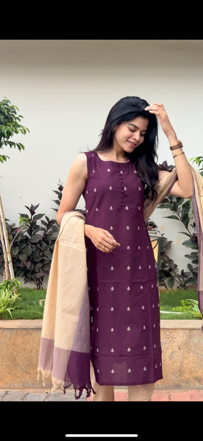 Plum burgundy pure cotton handloom women kurta set
